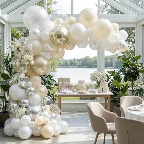 Image of White Balloon Arch Double Stuffed Sand White Gold Pearl Bobo Balloons Light Gold Silver Latex Balloon Garland for Birthday Wedding Baby Shower Bridal Shower Baptism Party Decor