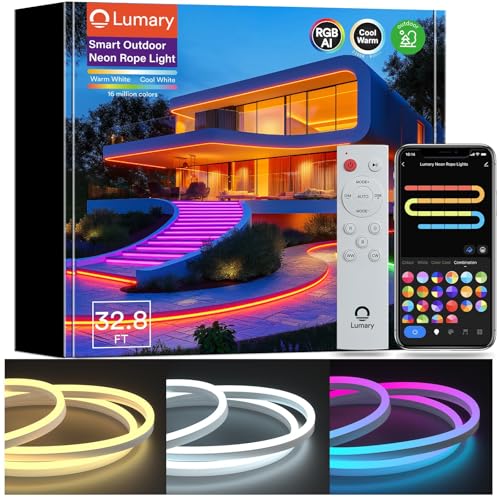 Lumary Smart Outdoor Rope Lights Waterproof, RGBAICW Flexible Color Changing