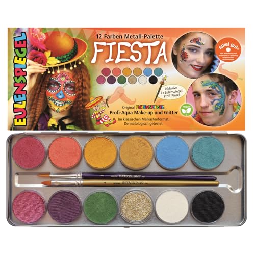 Eulenspiegel 212233 - Paleta de maquillaje Fiesta, 12 colores, 2 pinceles, set de maquillaje vegano, maquillaje infantil, carnaval [Exclusivamente en Amazon]