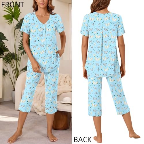 Image of Bestbee Women's Pajama Sets 2 Piece Lounge Outfits Summer Sleepwear V Neck Short Sleeve Capri Pant With Pockets Ladies Pjs