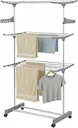Varal de Chão 3 Andares Dobrável com Rodinhas para Roupas Cabides Toalhas Retrátil Premium