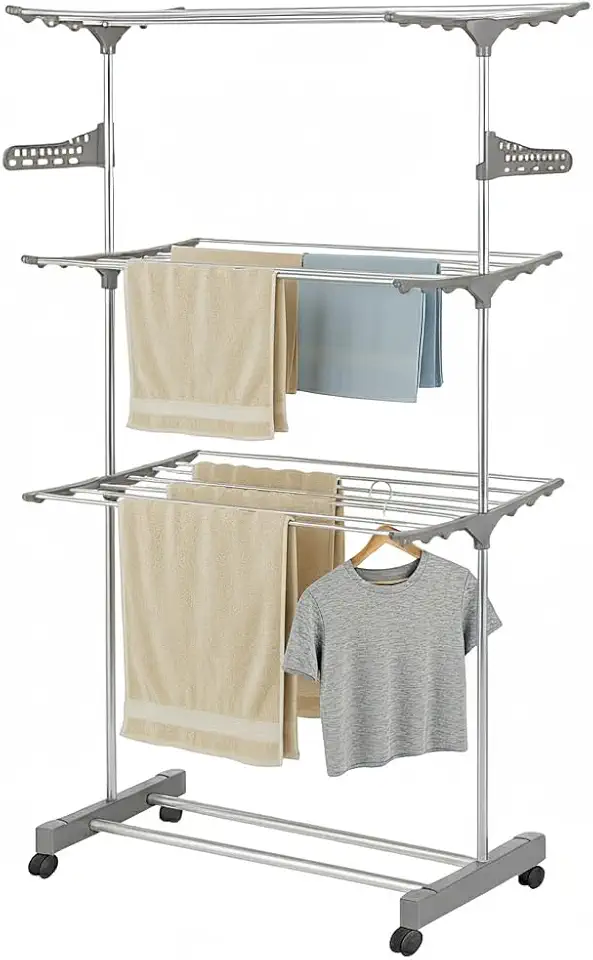 Varal de Chão 3 Andares Dobrável com Rodinhas para Roupas Cabides Toalhas Retrátil Premium