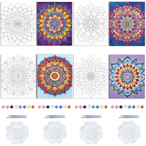 Kit de peinture sur toile pré dessiné floral avec image à peindre adulte et pochoirs 4 pack
