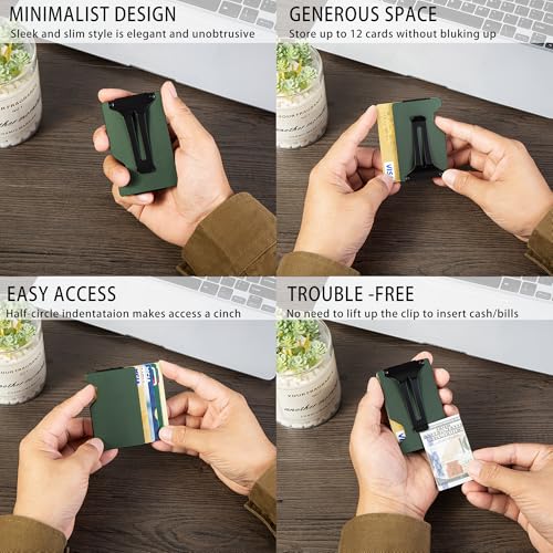 Image of Minimalist Carbon Fiber Wallet for Men, Money Clip Cash Strap Wallet, RFID Blocking Metal Wallet Aluminum Card Holder,Front Pocket Wallet(Matte Green)