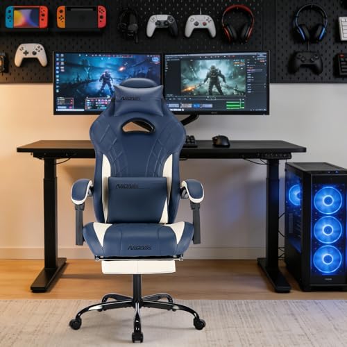 Image of Gaming Chair with Footrest and Massage Lumbar Support, Ergonomic Computer Gamer Chair, Office Video Game Chairs (Blue)