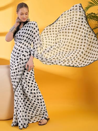 Image of SIRIL Women's Printed Chiffon Saree with Unstitched Blouse Piece