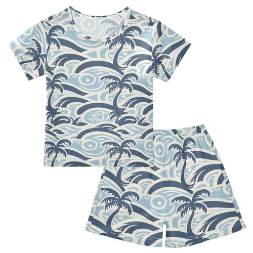 ALAZA Palm Tree Sea Wave Pajamas Short Sleeve 2 Piece Sleepwear Top and Bottom Pajama Set Unisex