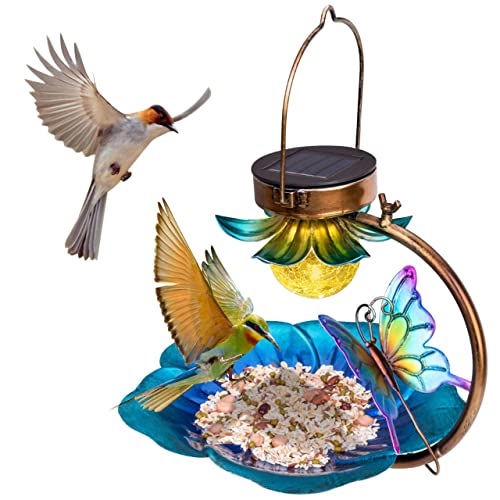 Birdream - Alimentador solar para pájaros para colgar en el exterior, bandeja de semillas para jardín con energía solar al aire libre, luz de metal, mariposa decorativa LED para iluminación de paisaje, impermeable, 9.5 pulgadas de diámetro para patio