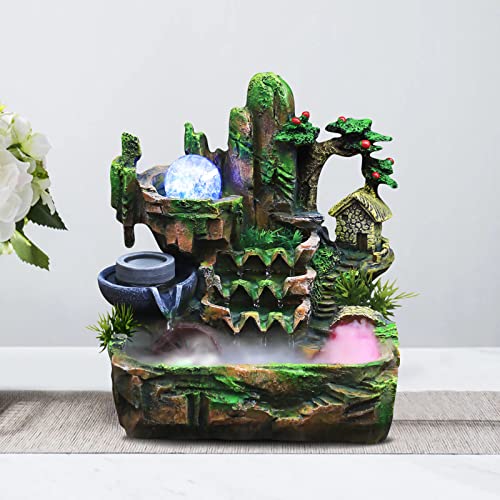 Indoor Rockery Desktop Fountain Waterfall with Led Lights Atomization Effect and Ice Crack Ball, Relaxation Desktop Fountain Waterfall with Water Pump for Office, Home, Bedroom Desk Décoration