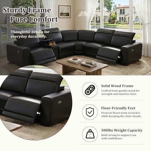Image of Power Recliner Sectional Sofa, L-Shaped Living Room Furniture Set, Reclining Sectional Couch with Storage Console /Cup Holder for Living Room /House /Apt (Black, 5 Seater)