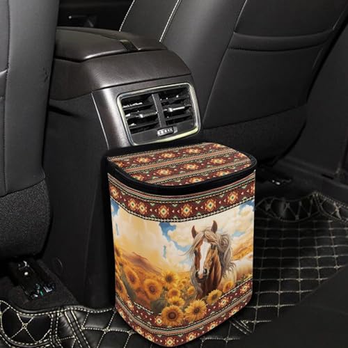 Image of DISNIMO Western Horse Car Trash Can Bin with Lid Sunflower Car Garbage Can Leakproof Mini Car Accessories Trash Bin Car Dustbin Organizer Container for Car Office Home