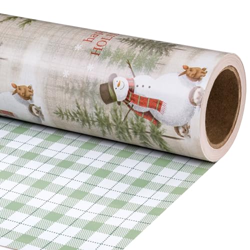 RUSPEPA Rollo De Papel De Regalo Reversible - Muñeco De Nieve Navideño Y Patrón De Cuadros Ideal para Navidad, Fiesta, Días Festivos - 43,2 Cm X 10 M