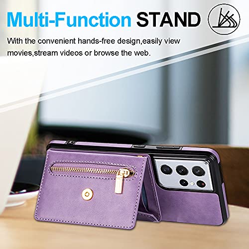 Kudex Wallet Case For Samsung Galaxy S21 Ultra 5G 6.8 Inches With Crossbody Strap,Flip Leather Magnetic Zipper Pocket Purse Wallet Case With Card Holder Kickstand Shoulder Strap For Women(Purple) #TOP2