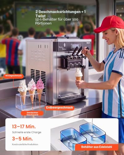 Foto von VEVOR Gewerbliche Eismaschine 20-28 L/h Leistung, Softeismaschine 2200 W lmit 2 x Behältern (6 L), Vorkühlung, Selbstreinigung und LED-Display, Tischgerät für Snackbars, Dessertläden und Cafés, Silber
