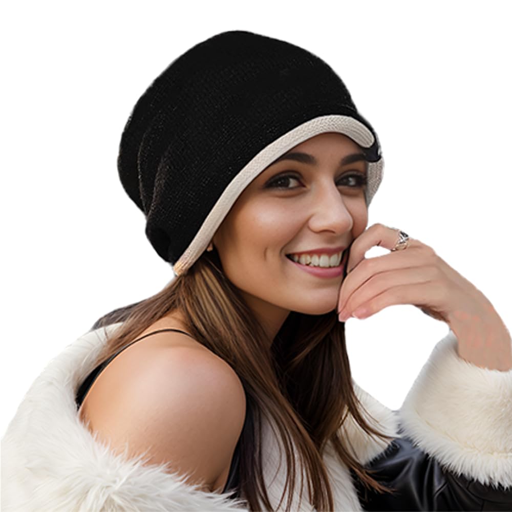 AwjcsvSlouchy Beanie for Women, Winter Knit Hat Beanie Knit Cap Double Rolled Brim Fashionable Beanie Soft Warm Stretchy