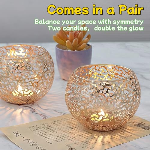 Metal Cut-Out Tealight Candle Holders Set of 2 – Geometric Lanterns for Table Centerpiece & Bathroom Spa – Shatterproof Holiday Decor, Winter Wedding (Gold*2) - Image 6