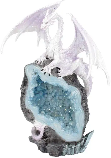 Figurine de Dragon Blanc sur Géode - Décoration Fantasy - 28 cm