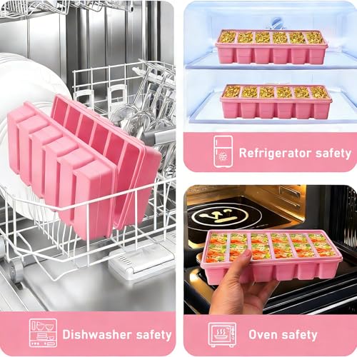Image of 1 /2 Cup Covered Silicone Freezer Tray, 2-Piece Set Of Silicone Freezer Molds, Used For Preparing And Freezing Various Sauces And Other Dishes, Making 12 Portions Cube Pink