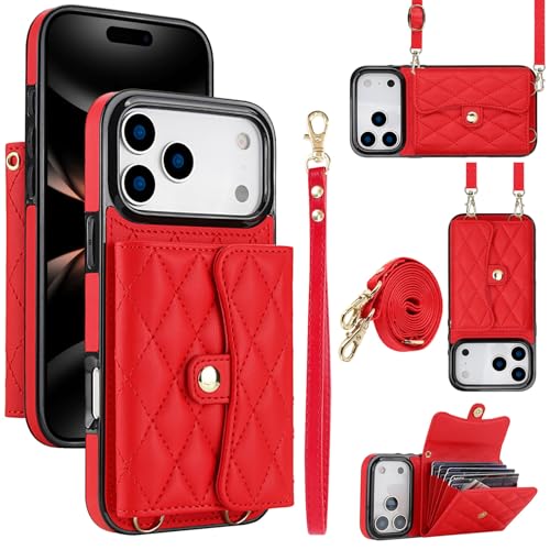 Étui à bandoulière pour iPhone 17 Pro rouge anti-RFID avec emplacements cartes