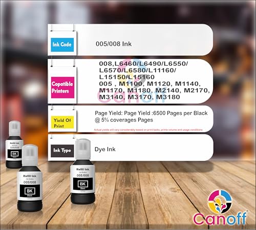 Image of CANOFF 127ml Black Refill Ink Bottle Compatible with 005 /008 Ink Tank M1100, M1120, M1140, M1170 L6460 /L6490 /L6550 /L6570 Printers | High Yield, Smudge-Free Printing (005 /008 Ink Black 3pc. x 127ml)