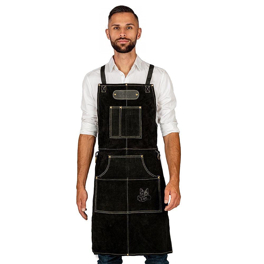ROUGH zestaw ze skóry bawolej grill fartuch kuchenny + kominek piec grill spawarka ognioodporne rękawice, czarny, jeden rozmiar