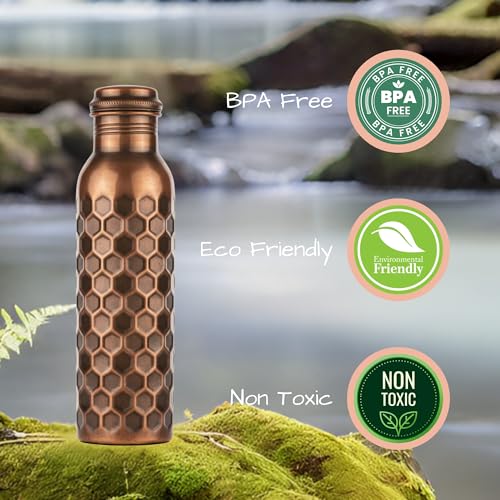 Image of Copper Water Bottle - 32 Oz - Handcrafted Ayurvedic Vessel | Antique Honeycomb, Jointless Leak-proof, Eco-Friendly, BPA-Free, Handmade Water Bottles for Yoga, Office, Travel