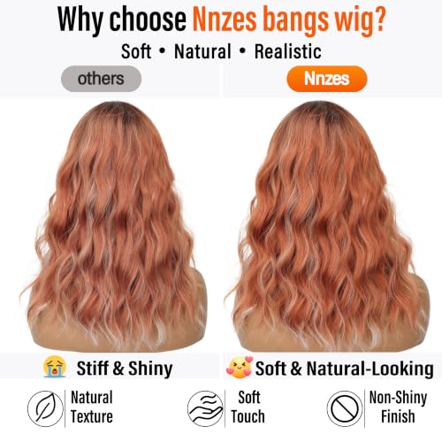 Image of Nnzes Short Wavy Bob Wig with Bangs for Women Shoulder Length Curly Soft Copper Auburn Synthetic Heat-Resistant Fiber Hair for Daily & Party Use