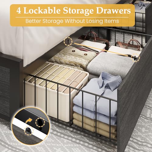 Image of Lifezone King Bed Frame with 2-Tier Storage Headboard, Metal Platform Bed Frame with 4 Storage Drawers, Built in Charging Station & LED, Noise-Free /Metal Support /No Box Spring Needed, Rustic Grey