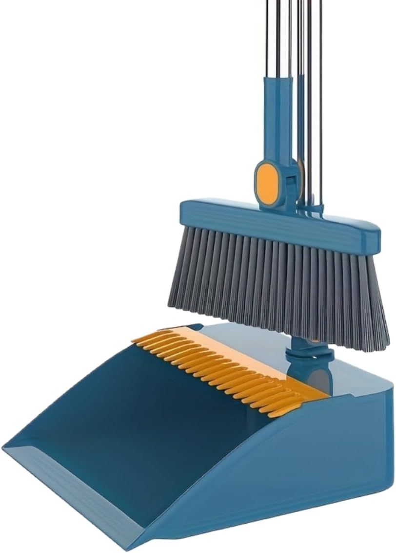 2-in-1 Broom with Dustpan Combo Set,Long Handle Broom Dustpan Combo with Dustpan Teeth to Automatically Clean Hair for Home, Indoor or Outdoor Cleaning Hall Floor (Blue)