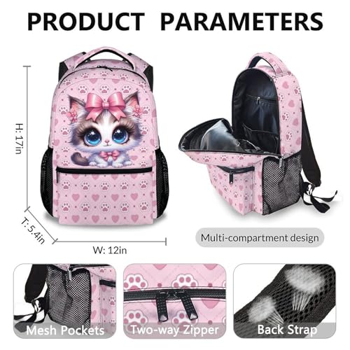 Girls Backpacks, Cat Backpack for Girls, Cat Gift for Kids, Set of 3 17 Inch Casual Elementary Kindergarten Bookbag Matching Combo for Travel School Outdoor2