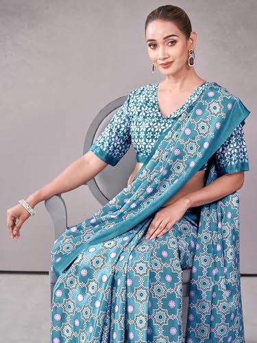 Image of Satrani Women's Chinnon Printed Saree with Unstitched Blouse Piece