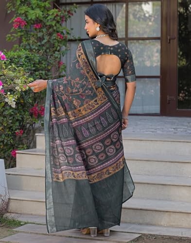 Image of SIRIL Women's Printed Cotton Saree with Unstitched Blouse Piece