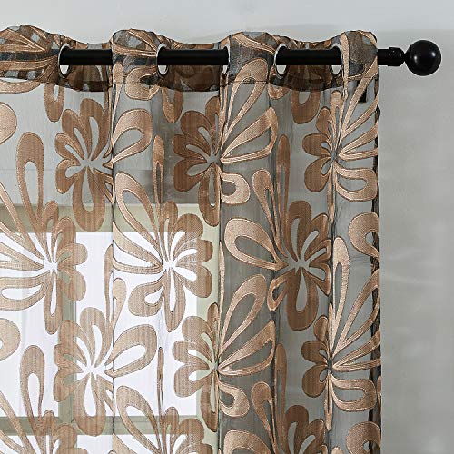Top Finel Kitchen Sheer Tier Curtains 36 Inch Length Voile Floral Grommet Small Window Treatments For Basement Bathroom, 2 Panels, Brown #TOP4