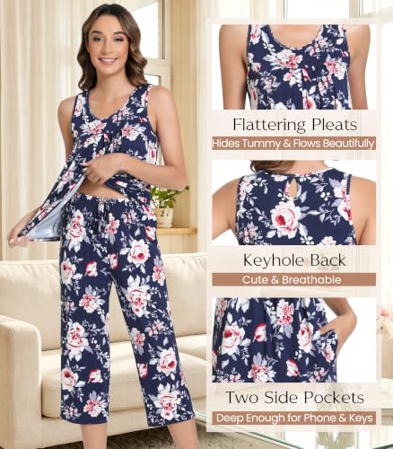 Image of NACHILA Pajamas for Women-Viscose Made from Bamboo, Sleeveless Pjs Tank Top Capri Pants Pajama Sets Cooling Sleepwear