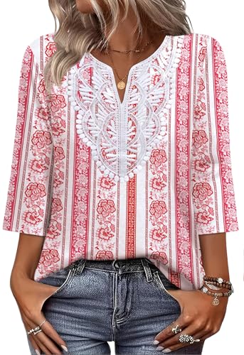 Image of WIHOLL 3 /4 Length Sleeve Womens Tops Boho V Neck Lace Shirt Trendy Blouses Dressy Casual Vacation Clothes S-3XL