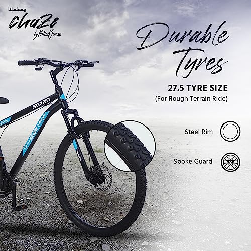 Image of Lifelong Chaze Shimano Gear Cycle By Milind Soman Sgx20 27.5T with Dual Disc 21 Speed|for:Unisex Adults(15Y+)|Frame Size: 18 inch|Ideal Height : 5'6 inch|85% Assembled(Czbc2794,Black&Blue) Mountain Bike