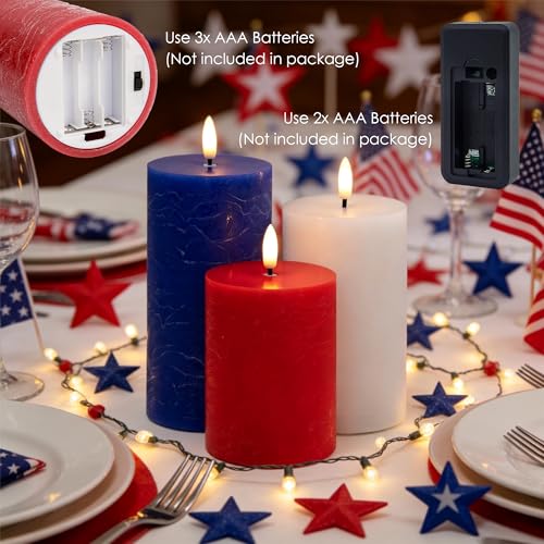 Image of LUSHARBOR Red White Blue Flameless Candles with Remote, 4th of July Battery Operated Candles, 3pcs LED Patriotic Candles for Home Party Centerpiece Holiday Decor