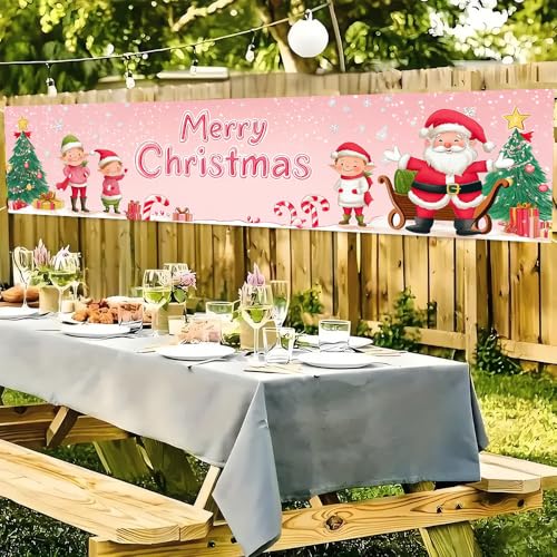Image of Pink Merry Christmas Banner 78.7 x 17.7 Inch Santa and Elf with Christmas Tree Candy and Gift Box Design Festive Holiday Decoration for Home Yard Garden Wall or Indoor Celebration Display