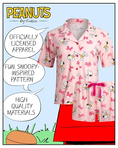 Image of COCO BRANDS Peanuts Snoopy Womens Pajama Set - 2 Piece Short Sleeve Button Down Sleep Shirt and Pajama Shorts