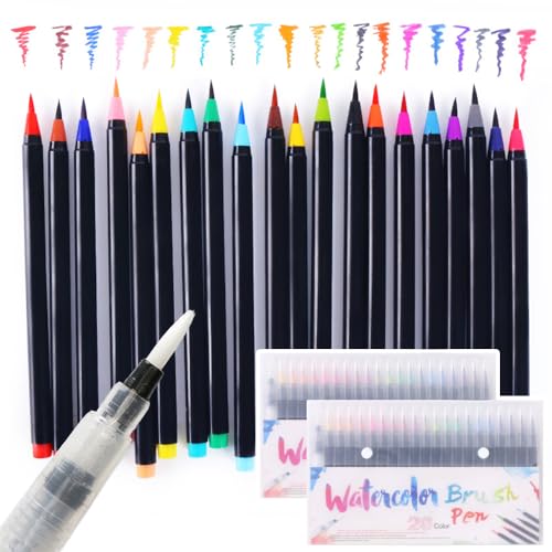 SUGGEST 水彩毛筆20色 水ペン1本 水彩ペン 筆ペン カラー セット 水彩筆 水性 水彩画 美術 写生 学習教材 画材 塗り絵 イラスト 収納ケース付き