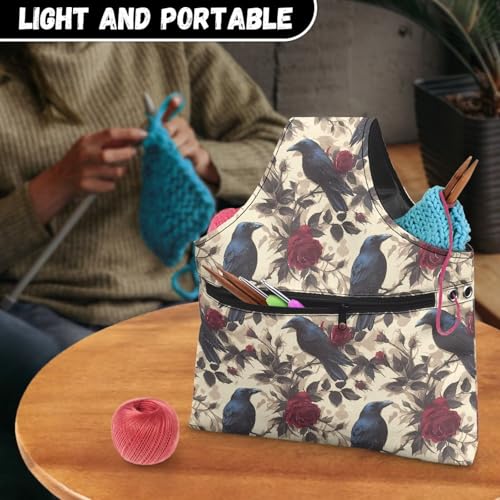 Image of ZUXONGSY Crow Yarn Storage Bag for Women Rose Knitting Project Bag Vintage Knit Wrist Bag Lightweight Crochet Organizers and Storage