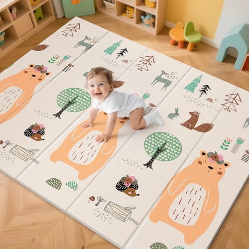Image of UANLAUO Baby Play Mat,71"x 79" Large Baby Mat for Floor,Foldable Playmats for Babies and Toddlers, Waterproof Foam Play Mat,Kids Play Mat with Travel Bag,Play & Tummy Time,Indoor&Outdoor Use(Bear)