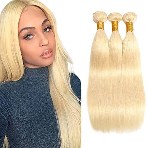 AuokMar Blonde Bundles 613 Human Hair Bundles Straight Brazilian Remy Human Hair Bundle 8A Grade Virgin Honey Blonde Hair 3 Bundles Human Hair Weave #613 100g/bundle 12 14 16 Inch (2akm613st003)