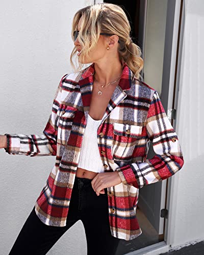 GRAPENT Womens Plaid Flannel Shacket Jacket Button Down Shirt Jackets Long Sleeve Coats2