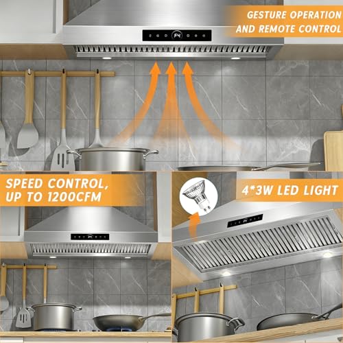 Image of 48 Inch Range Hood 1200 CFM, 4-Speed Smart Wall Mount Range Hood with Touch Control & Gesture Sensing, Stainless Steel 48 Vent Hoods, Adjustable Lights, Baffle Filter