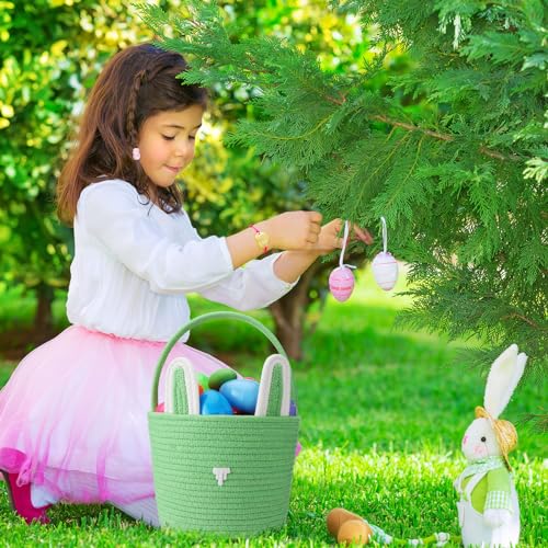 Image of Suzile 4 Pcs Easter Basket with Bunny Ears for Kids Cotton Woven Easter Egg Hunting Rabbit Shape Basket for Children Kids Babies Party Gifts, 9.8 x 7.8 x 7.8