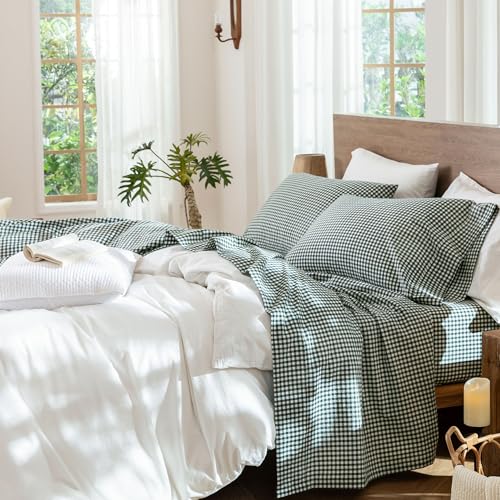 Image of MooMee Gingham Sheet Set 100% Washed Cotton Linen Like Textured Breathable Soft w /Fully Elasticized 16-19 inch Deep Pocket (Mini Gingham Forest Green, Queen)
