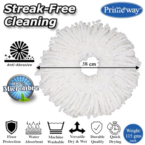 Image of Primeway Polyester Water Absorbent Microfibre Spin Mop Refills | Dense Replacement Mop Heads | Floor Pocha Mop Cloth | XL | 38cm | 115grams | 4 Pcs (White on Blue Ring)