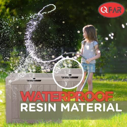 Qfar 31 Gal Deck Box Outdoor Storage Box Waterproof - Package Delivery Boxes, Patio, Porch, Backyard Small Lockable Bench Box For Pool Accessories & Toys, Cushions, Hose, Gardening Tools, Outside/ Indoor Resin Bin - Padlock & Deliveries Sign Included #TOP4