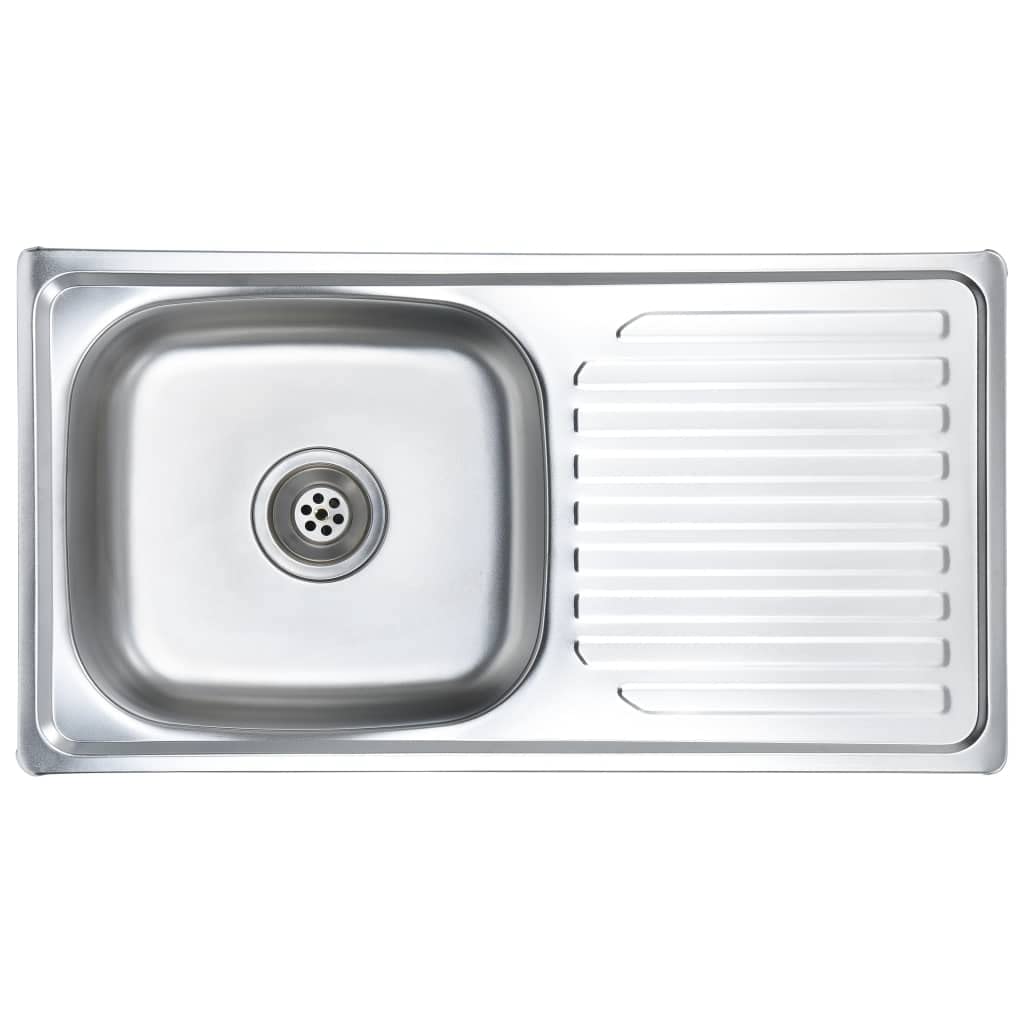 vidaXL Resistant Stainless Steel Kitchen Sink with Extended Drainboard - Complete with Strainer, Trap & Sound Insulating Pad, Silver Finish - Reversible Installation